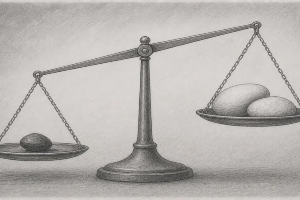 Pencil drawing: A balance scale – a single stone (loss) on one side, two stones (gains) on the other, just keeping the scale level.