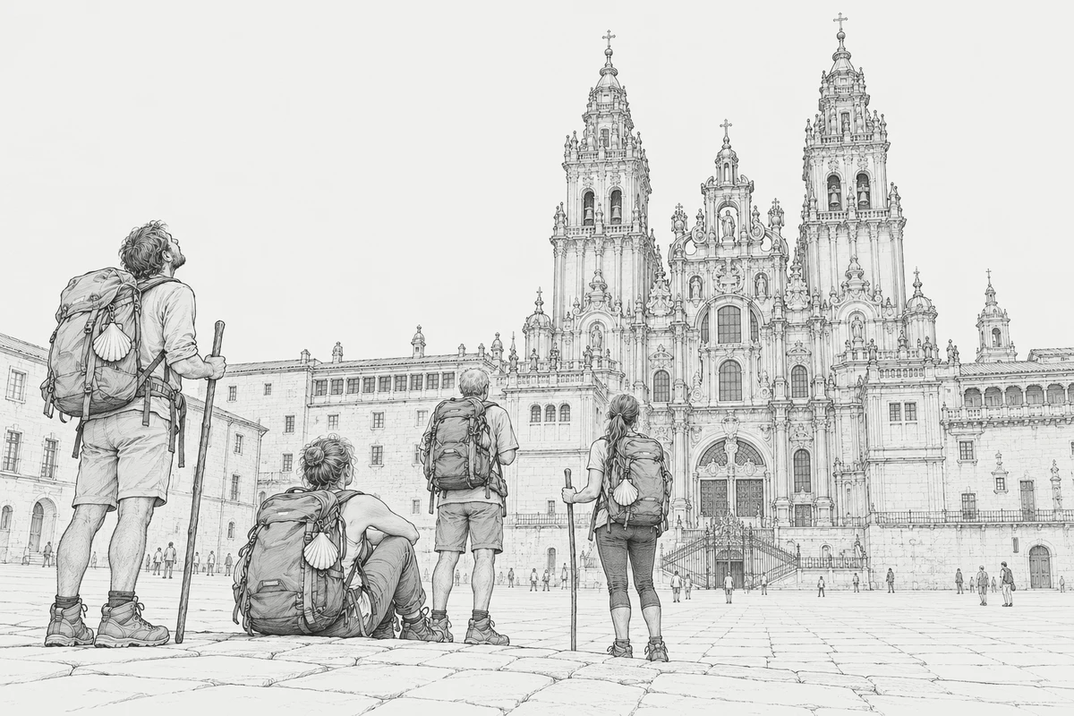 Pencil drawing: four pilgrims with backpacks and scallop shells stand and sit on the square in front of Santiago de Compostela Cathedral, looking up at the facade, an image of arriving together after the final stage.