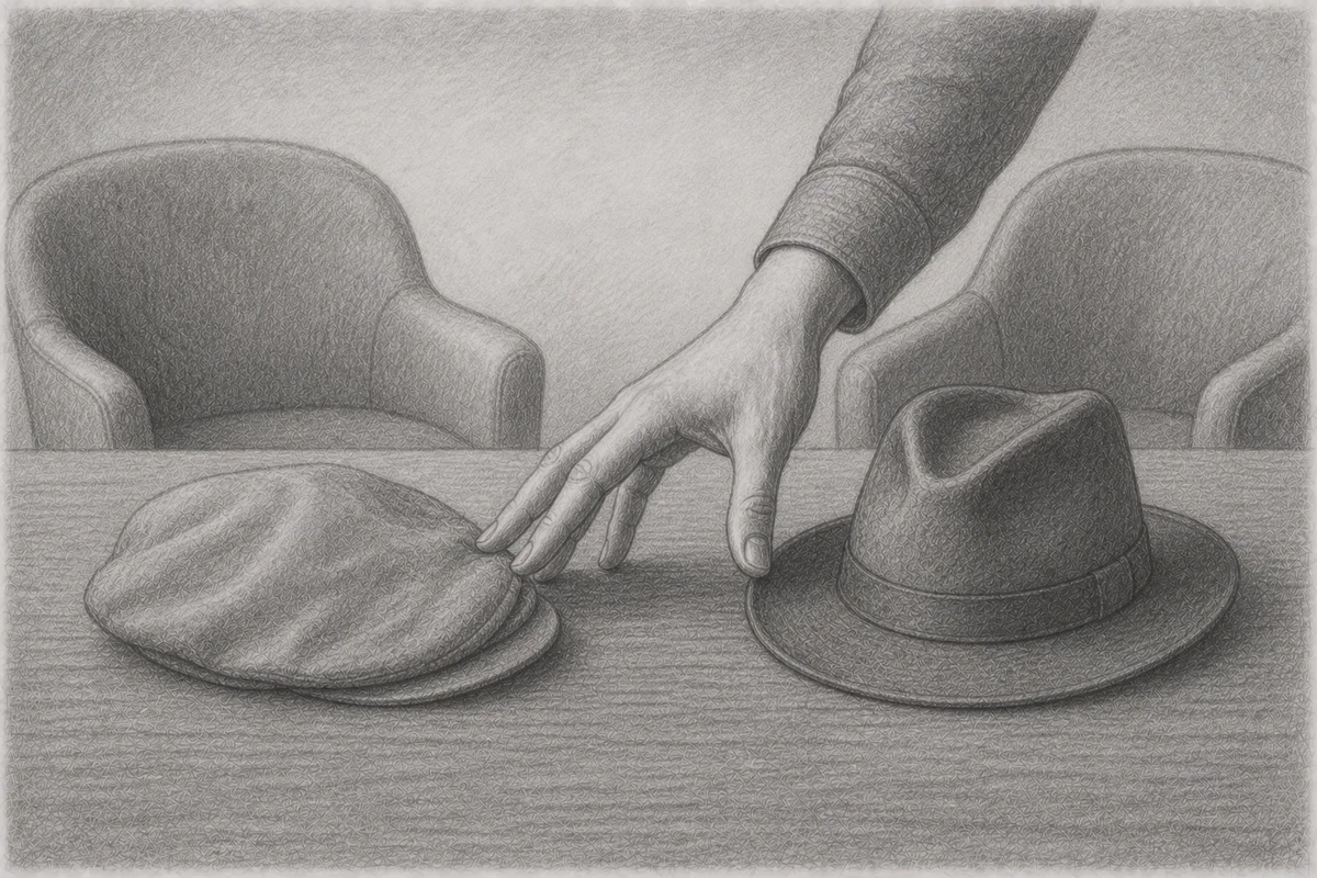 Pencil drawing: A hand switches between two hats on a table, a flat cap and a fedora, symbolising the conscious role change between coach and sparring partner with leadership experience.