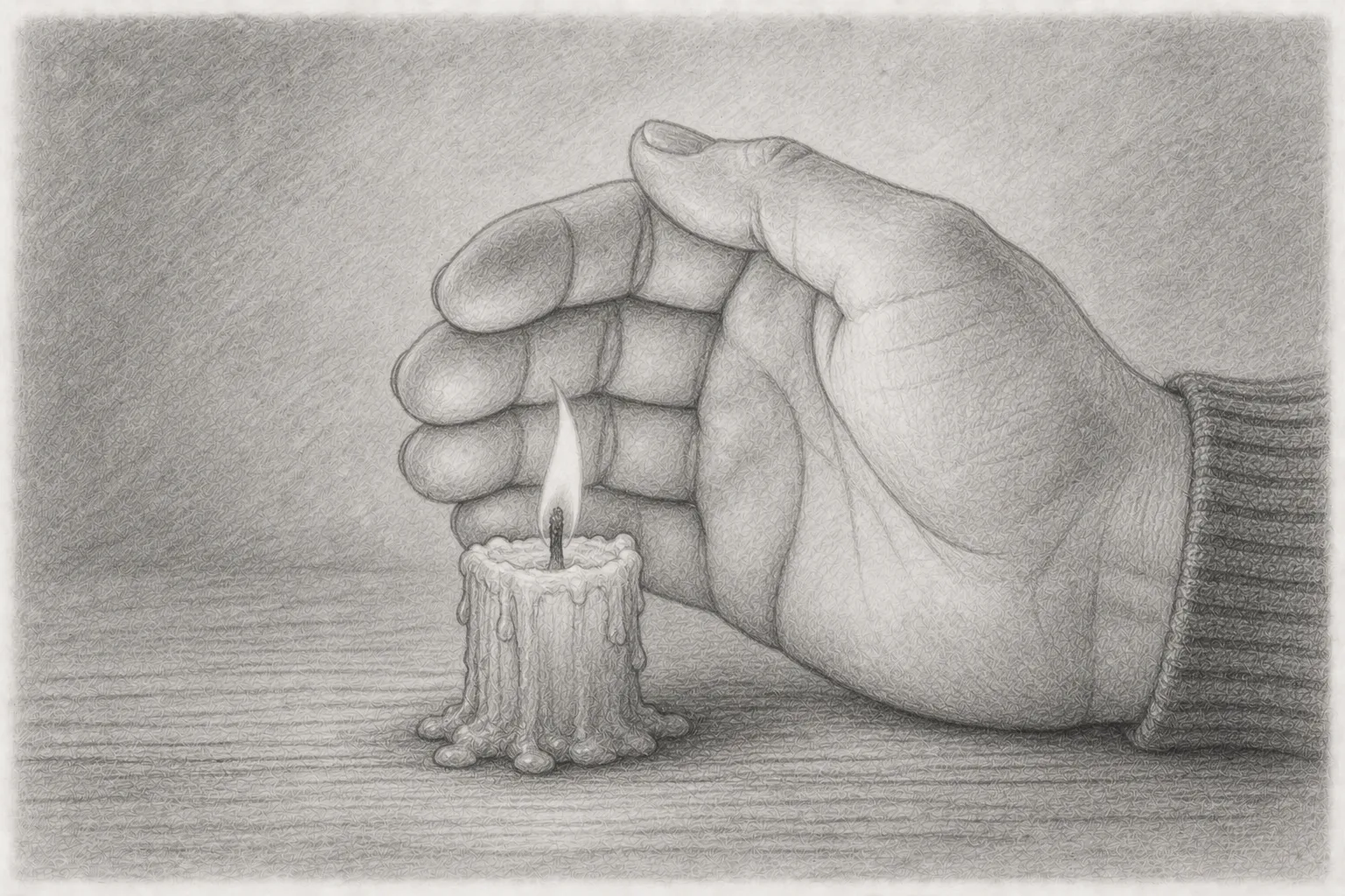 Bleistiftzeichnung: Eine Hand schützt eine kleine, fast heruntergebrannte Kerze vor dem Verlöschen, ein Sinnbild für Burnout-Coaching an der Grenze zur Therapie.