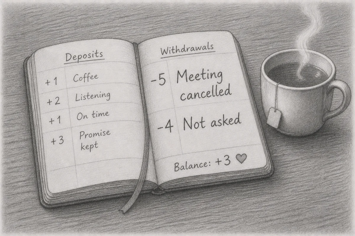 Pencil drawing: An open notebook on wood, the left page “Deposits" with small positive entries (Coffee, Listening, On time, Promise kept), the right page “Withdrawals" with larger negative entries (Meeting cancelled, Not asked) and a balance of +3, next to a steaming cup of tea.