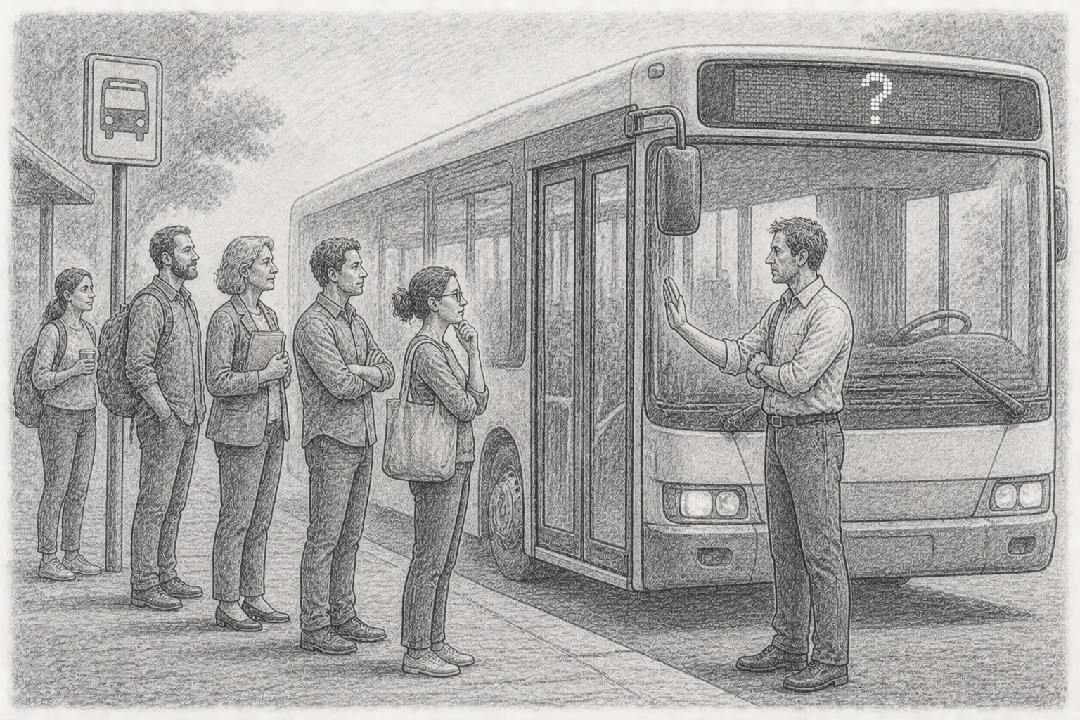 Bleistiftzeichnung: Eine Reihe wartender Menschen an einer Bushaltestelle, davor ein Bus mit Fragezeichen statt Ziel im Display, der Fahrer hält die Hand abwehrend hoch, ein Sinnbild für 'First Who, Then What'.