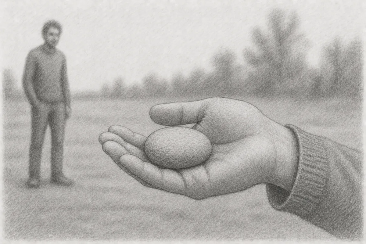 Pencil drawing: An open hand gently holds a smooth stone, with a person standing in a meadow in the background, a symbol for Nonviolent Communication and quietly holding what lies between people in a conversation.