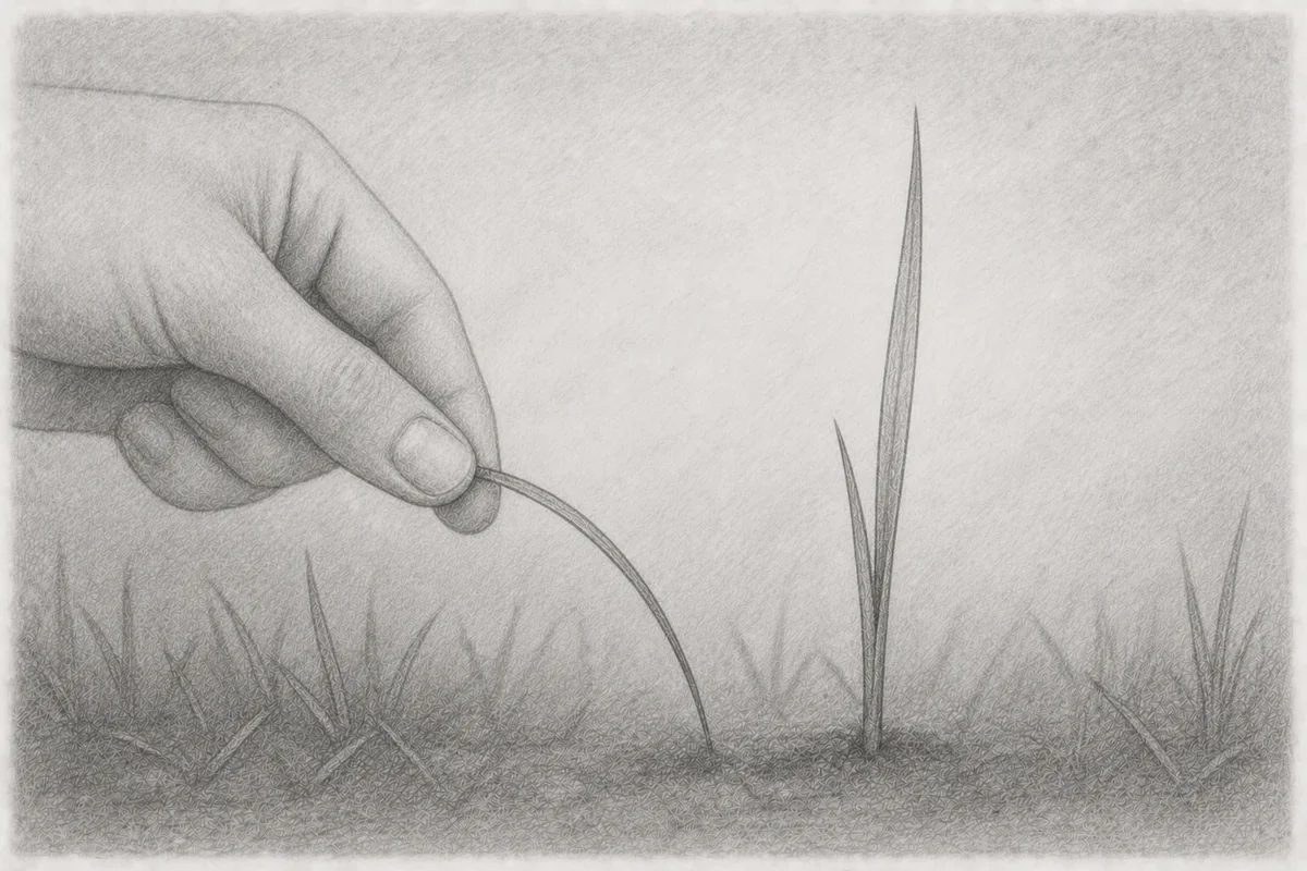 Pencil drawing: A hand on the left impatiently tugs at a single blade of grass and bends it down, while another blade on the right grows undisturbed and upright, a symbol that growth cannot be accelerated by pulling.