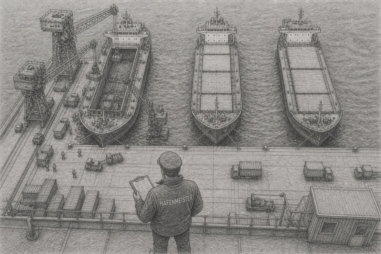 Pencil drawing: A harbour master with a clipboard watches three ships – only the first is being unloaded with all cranes bundled, the other two wait orderly at the quay – a symbol for sequential prioritisation instead of parallel overload.