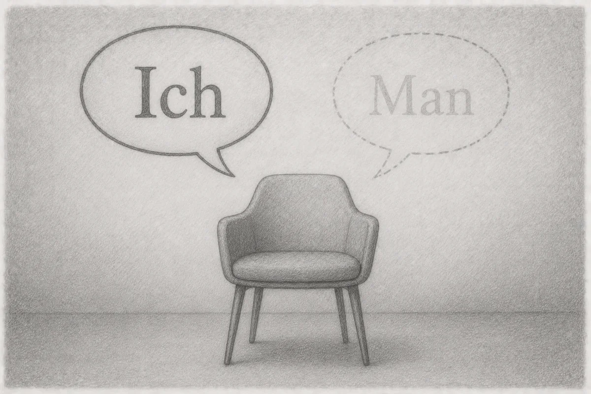 Bleistiftzeichnung: Ein leerer Sessel steht im Raum, darüber zwei Sprechblasen – links durchgezogen mit „Ich“, rechts gestrichelt und blass mit „Man“ – Sinnbild dafür, wie der Wechsel von „Ich“ zu „Man“ die eigene Wirksamkeit verblassen lässt.