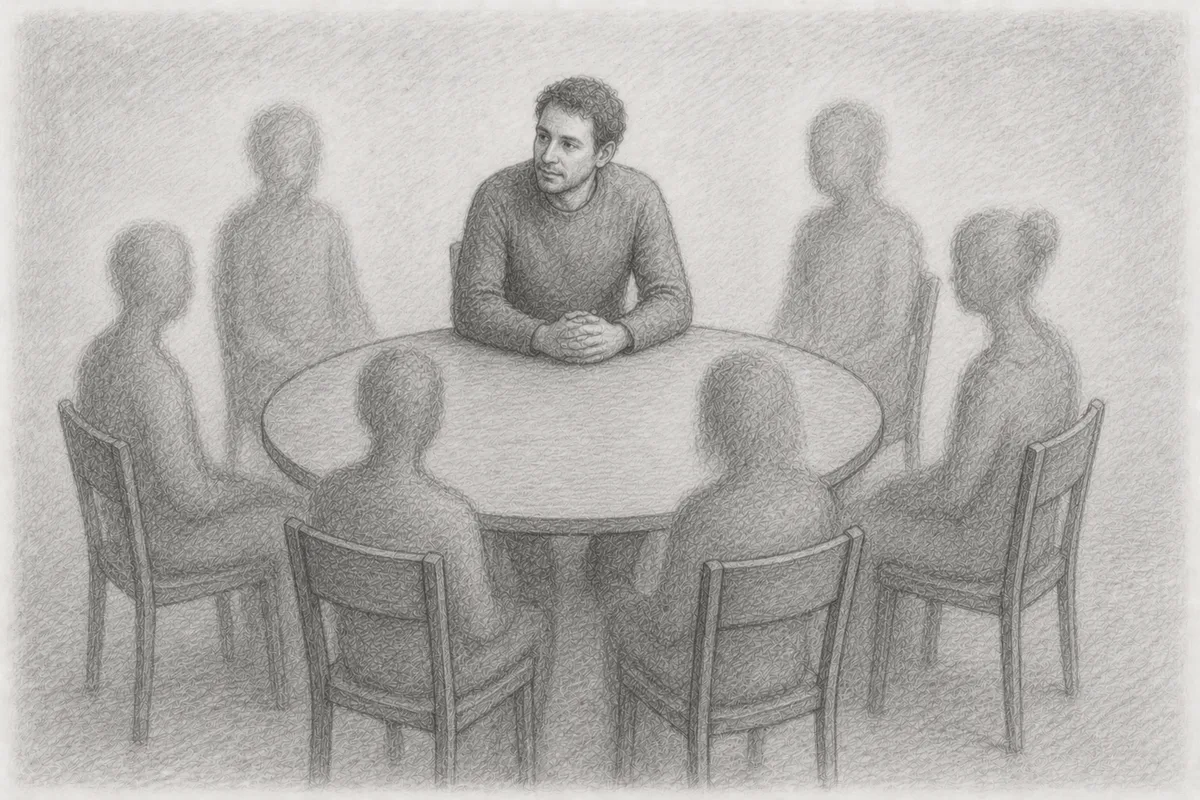 Bleistiftzeichnung: Ein Mensch sitzt an einem Tisch im Kreis seiner inneren Anteile – Manager, Feuerwehrleute, Verbannte – im Sinne von Internal Family Systems.