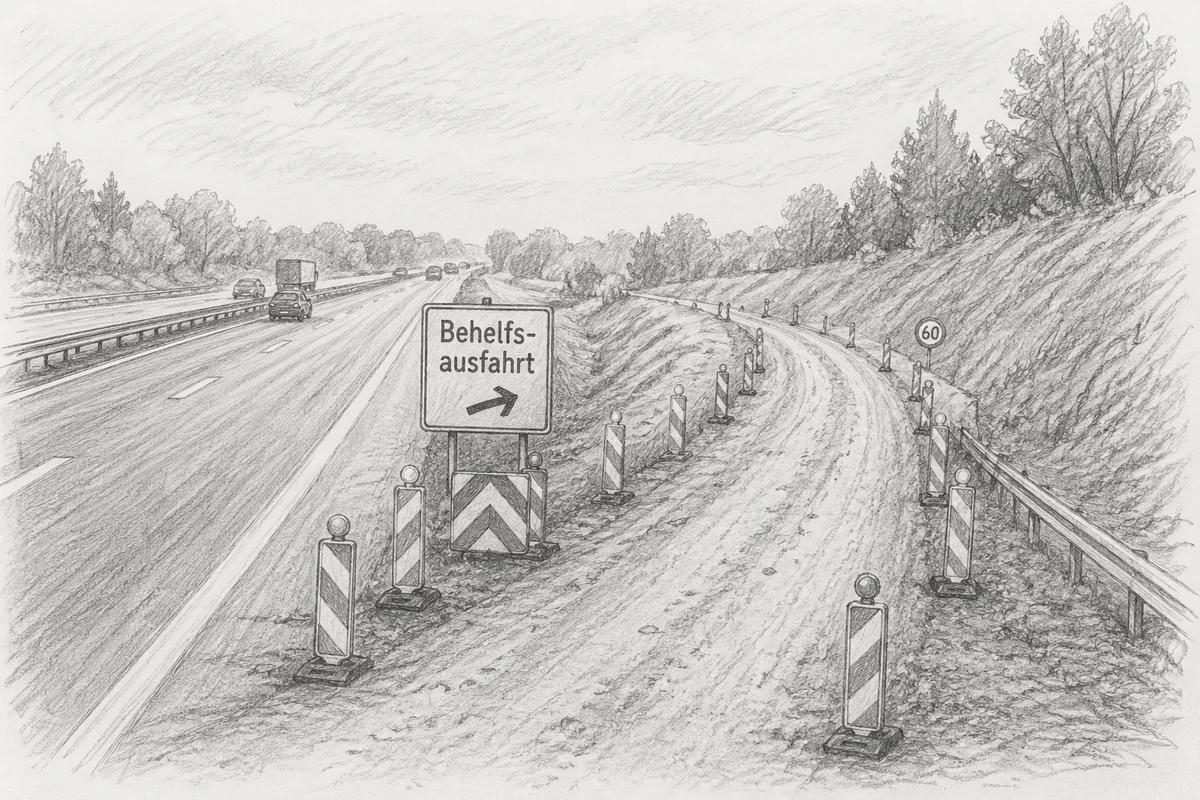 Bleistiftzeichnung: Eine Autobahn mit einer schmalen Behelfsausfahrt rechts, markiert mit Schild und rot-weißen Leitbaken, während links der schnelle Verkehr weiterzieht.