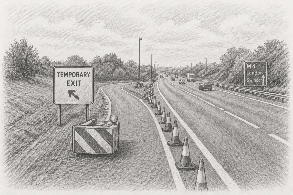 Pencil drawing: a motorway with a narrow temporary exit on the left, marked by a sign and red-and-white cones, while fast traffic continues on the main carriageway.