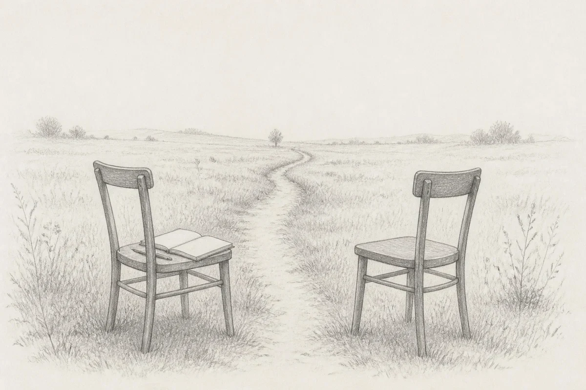 Pencil drawing: two simple chairs face each other on a wide meadow, a narrow path runs between them towards the horizon, on one chair lie an open notebook and a pencil, an image of a leadership conversation that leaves the path with the other person.