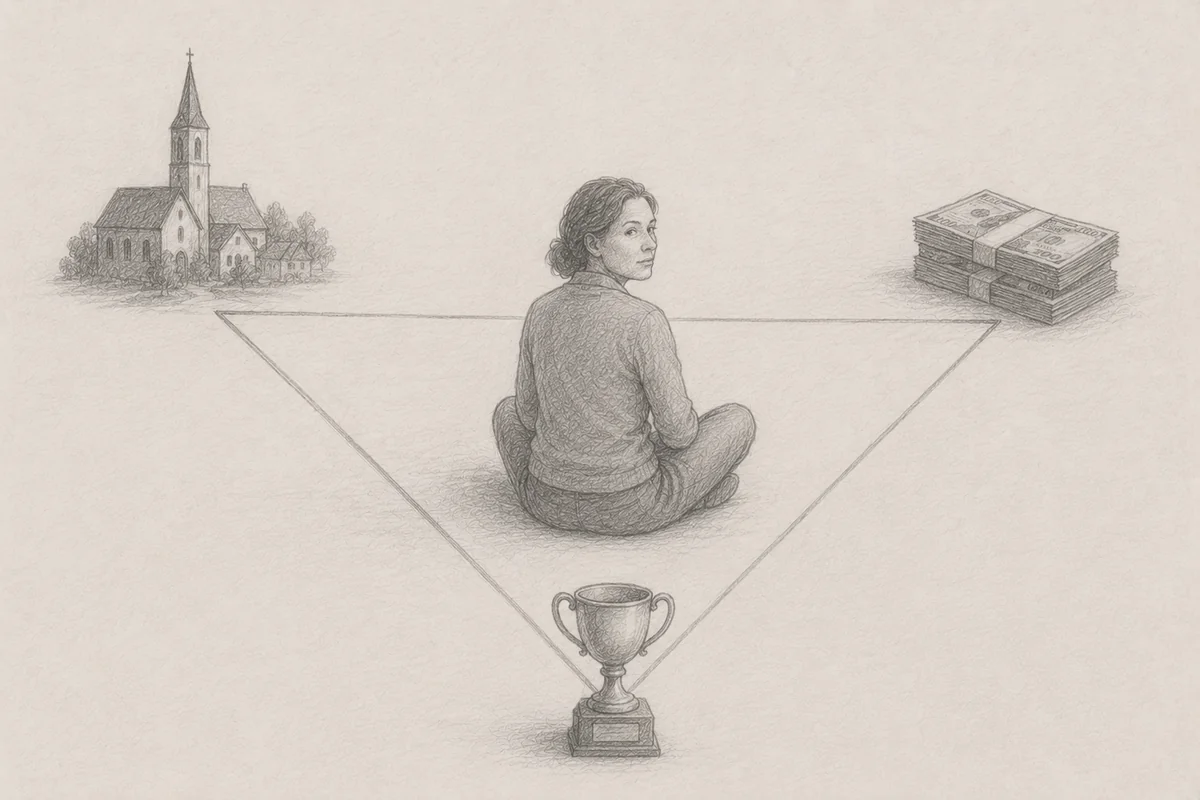Pencil drawing: a triangle with the three axes package, location and content, the degrees of freedom in a new leadership role.