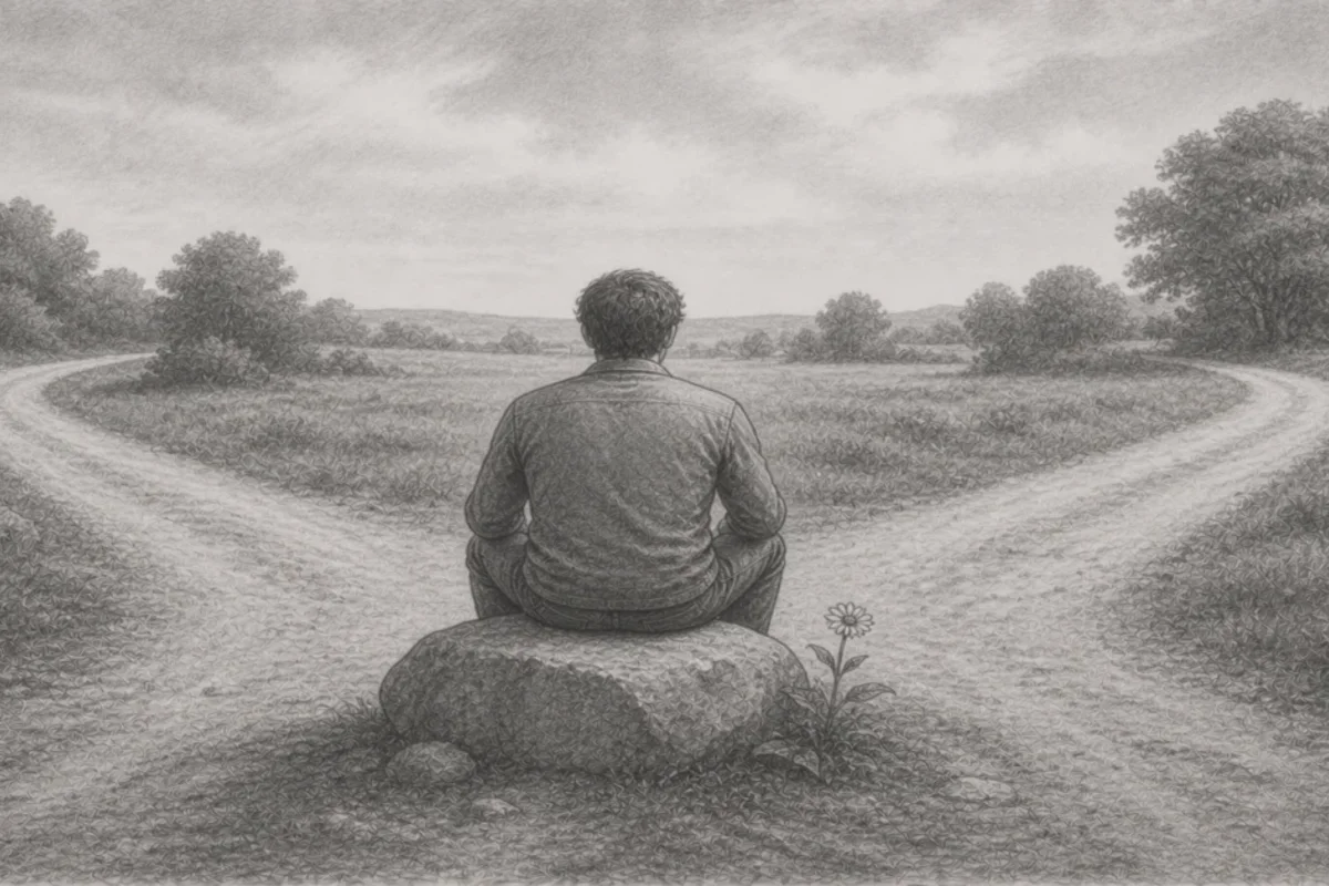 Pencil drawing: A man sits calmly on a stone in front of a forked path in open countryside – a symbol of Negative Capability and the deliberate pause before important decisions.