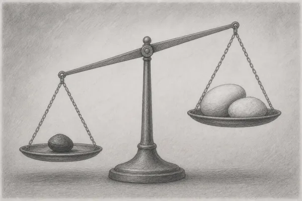 Pencil drawing: A balance scale – a single stone (loss) on one side, two stones (gains) on the other, just keeping the scale level.
