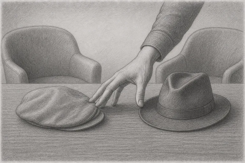 Pencil drawing: A hand switches between two hats on a table, a flat cap and a fedora, symbolising the conscious role change between coach and sparring partner with leadership experience.