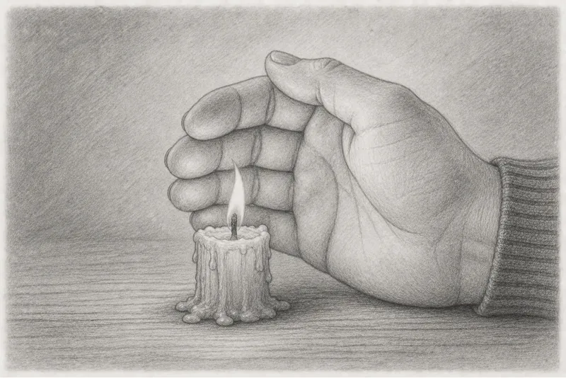 Bleistiftzeichnung: Eine Hand schützt eine kleine, fast heruntergebrannte Kerze vor dem Verlöschen, ein Sinnbild für Burnout-Coaching an der Grenze zur Therapie.
