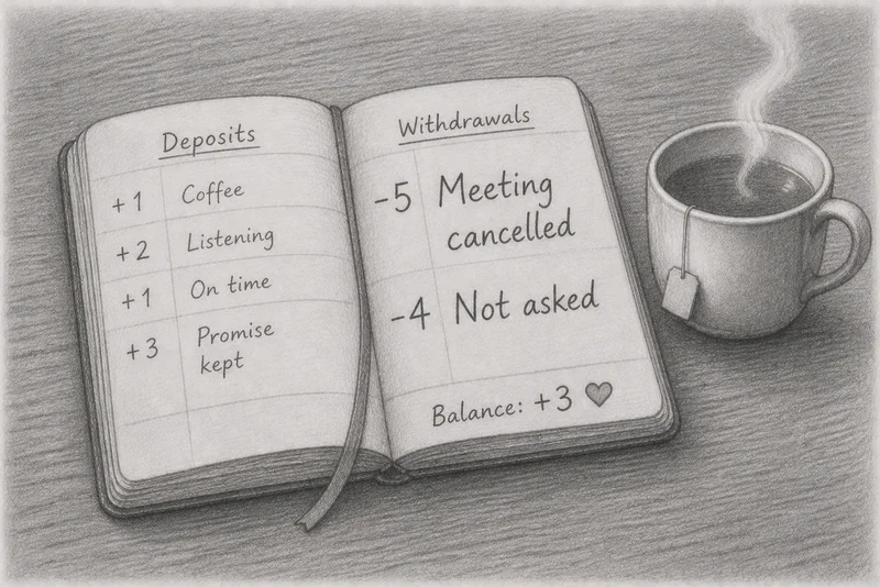 Pencil drawing: An open notebook on wood, the left page “Deposits" with small positive entries (Coffee, Listening, On time, Promise kept), the right page “Withdrawals" with larger negative entries (Meeting cancelled, Not asked) and a balance of +3, next to a steaming cup of tea.