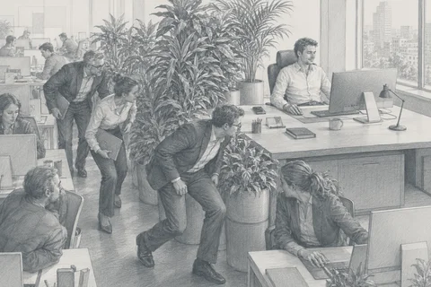 Pencil drawing of an open-plan office in which one employee occupies an unusually large desk by the window, screened off by tall plants, while colleagues squeeze through the gap between his desk and the plants.