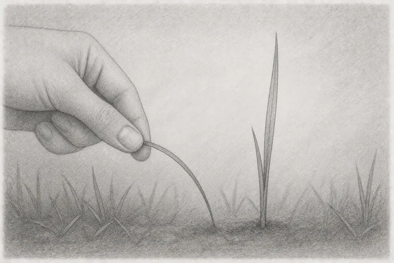 Pencil drawing: A hand on the left impatiently tugs at a single blade of grass and bends it down, while another blade on the right grows undisturbed and upright, a symbol that growth cannot be accelerated by pulling.
