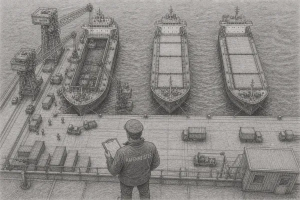 Pencil drawing: A harbour master with a clipboard watches three ships – only the first is being unloaded with all cranes bundled, the other two wait orderly at the quay – a symbol for sequential prioritisation instead of parallel overload.