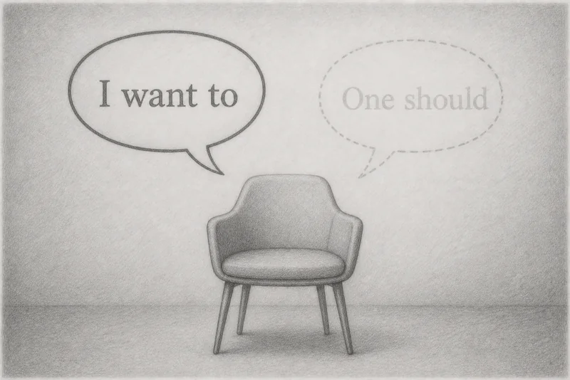 Pencil drawing: An empty armchair sits in a room, above it two speech bubbles, a solid one on the left reading “I want to”, a dashed, faded one on the right reading “One should”, a symbol of how the shift from “I” to “one” lets personal agency fade.