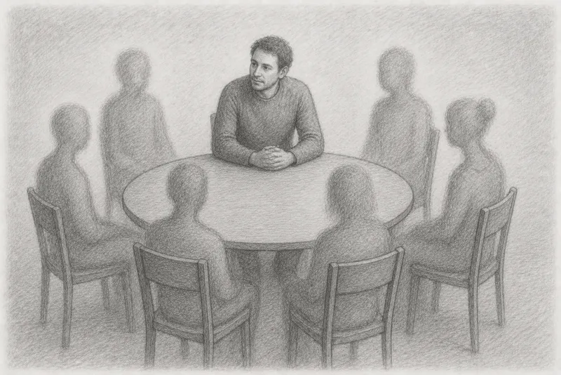 Pencil drawing: A person sits clearly and present at a round table, surrounded by several translucent figures who have taken their seats, a symbol for the inner parts in Internal Family Systems.