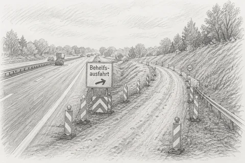 Bleistiftzeichnung: Eine Autobahn mit einer schmalen Behelfsausfahrt rechts, markiert mit Schild und rot-weißen Leitbaken, während links der schnelle Verkehr weiterzieht.