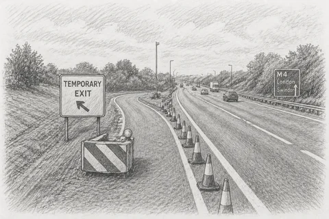 Pencil drawing: a motorway with a narrow temporary exit on the left, marked by a sign and red-and-white cones, while fast traffic continues on the main carriageway.