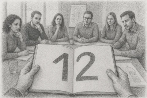 Bleistiftzeichnung: Eine Hand hält dem Team in einem Workshop ein aufgeschlagenes Buch entgegen, auf dem groß die Zahl 12 steht.