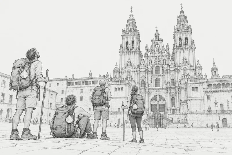 Bleistiftzeichnung: Vier Pilger mit Rucksäcken und Muscheln stehen und sitzen auf dem Platz vor der Kathedrale von Santiago de Compostela und blicken hinauf zur Fassade, Sinnbild für die gemeinsame Ankunft nach der letzten Etappe.
