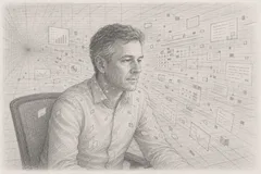 Bleistiftzeichnung: Ein Mann sitzt vor einer perspektivisch fluchtenden Wand aus schwebenden Diagrammen, Charts und Textfeldern. Sein Blick ist nach vorn gerichtet, ruhig, prüfend, während der Informationsraum um ihn herum unaufhörlich expandiert.