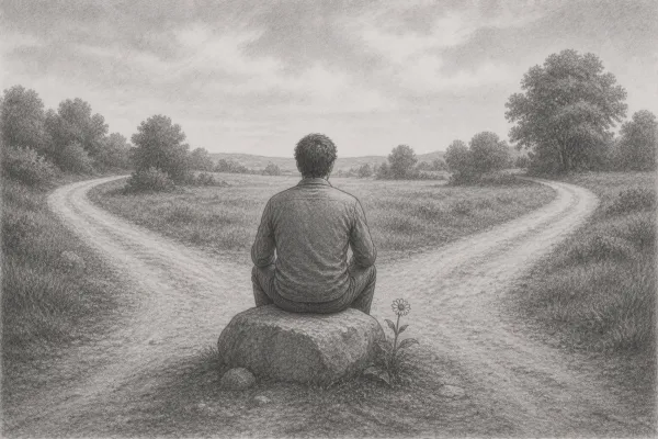Pencil drawing: A man sits calmly on a stone in front of a forked path in open countryside – a symbol of Negative Capability and the deliberate pause before important decisions.