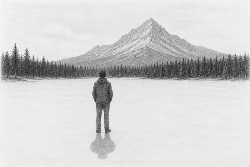 Pencil drawing: a person stands on a wide, pale open square and looks searchingly toward a distant mountain and a dark forest on the horizon. Their own shadow falls as a calm, clear shape right in front of their feet.