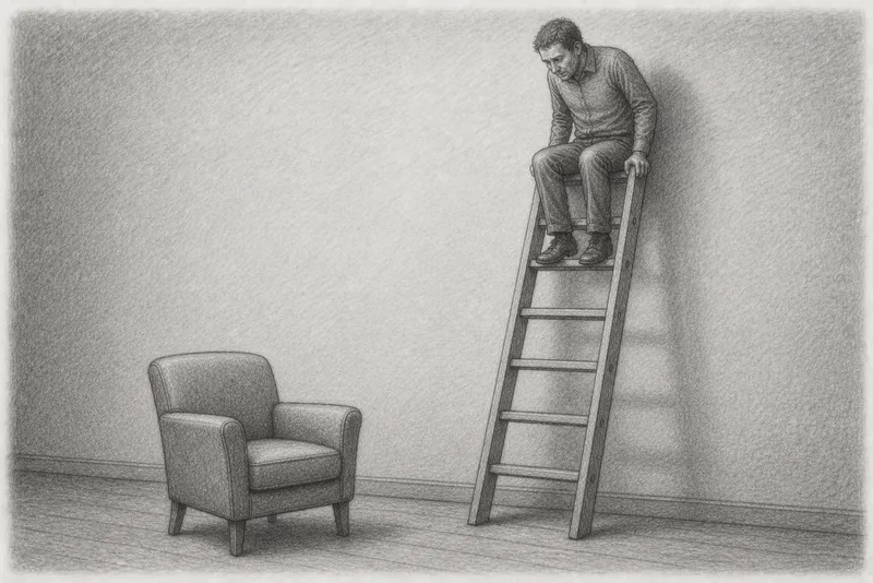 Pencil drawing: A man sits pensively on the top rung of a tall ladder, looking down at an empty armchair, a symbol of the Peter Principle and the invisible costs of a step back in one’s career.