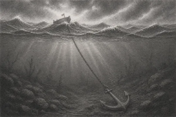 Pencil drawing: A boat drifts on a stormy sea while deep below a heavy anchor holds firm on the seabed, a symbol for Purpose as an anchor in a BANI world.