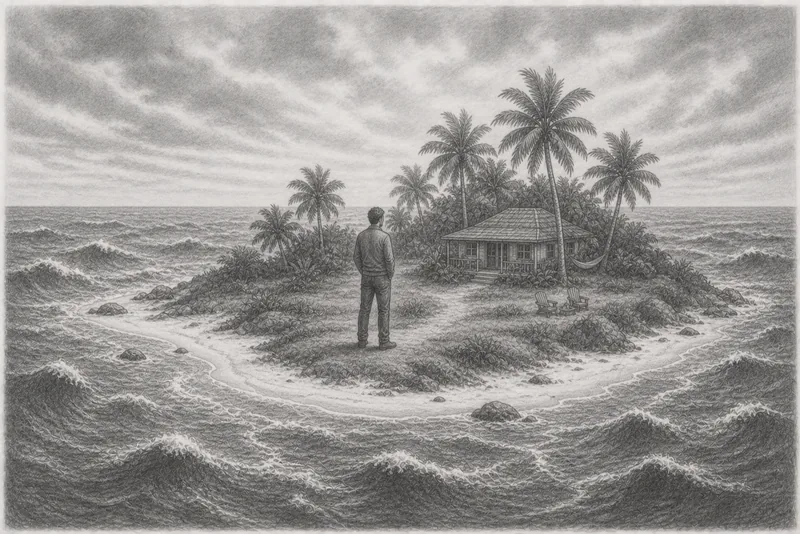 Bleistiftzeichnung: Ein Mann steht auf einer kleinen Insel mit Hütte und Palmen, umgeben vom tosenden Meer – Sinnbild für den Circle of Influence inmitten unkontrollierbarer Außenwelt.