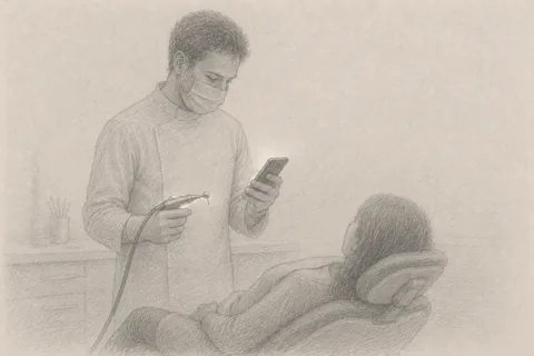 Pencil drawing: a dentist holds the running drill ready while glancing at his smartphone, the patient waiting in the chair.