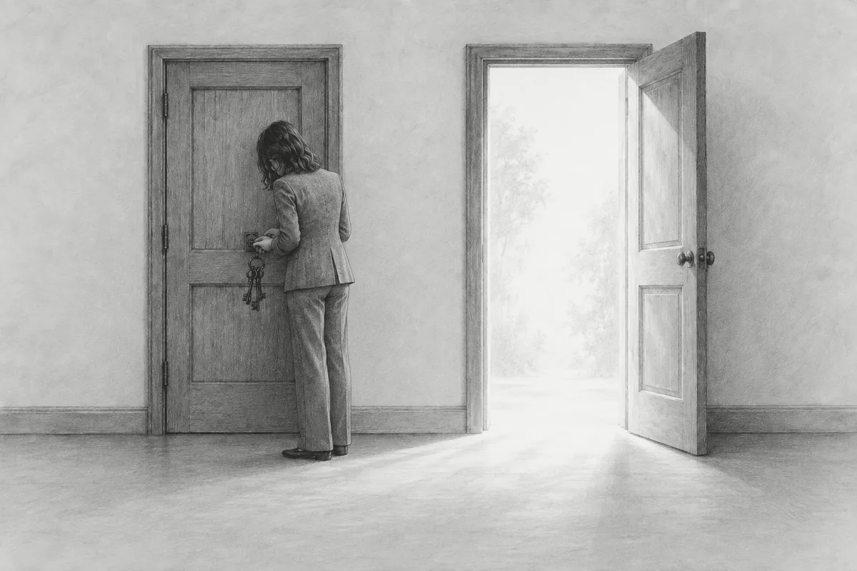 Pencil drawing: a person with a bunch of keys stands in front of a closed door, searching for the right key, while next to it a second door stands wide open into bright light, an image of the detour through the explanation instead of the direct path to the solution.
