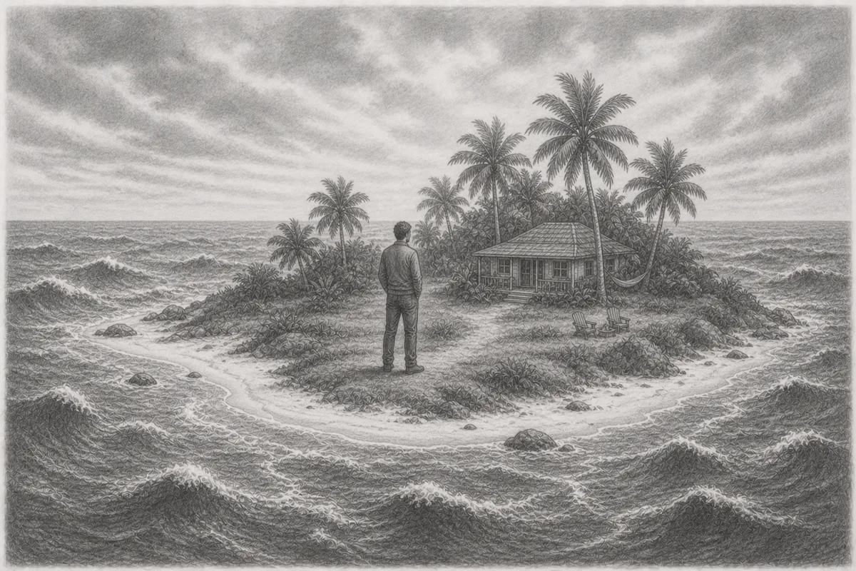 Pencil drawing: a man stands on a small island with a hut and palm trees, surrounded by a roaring sea – a metaphor for the Circle of Influence amidst an uncontrollable outside world.