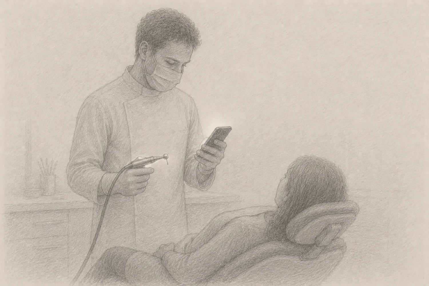 Pencil drawing: a dentist holds the running drill ready while glancing at his smartphone, the patient waiting in the chair.